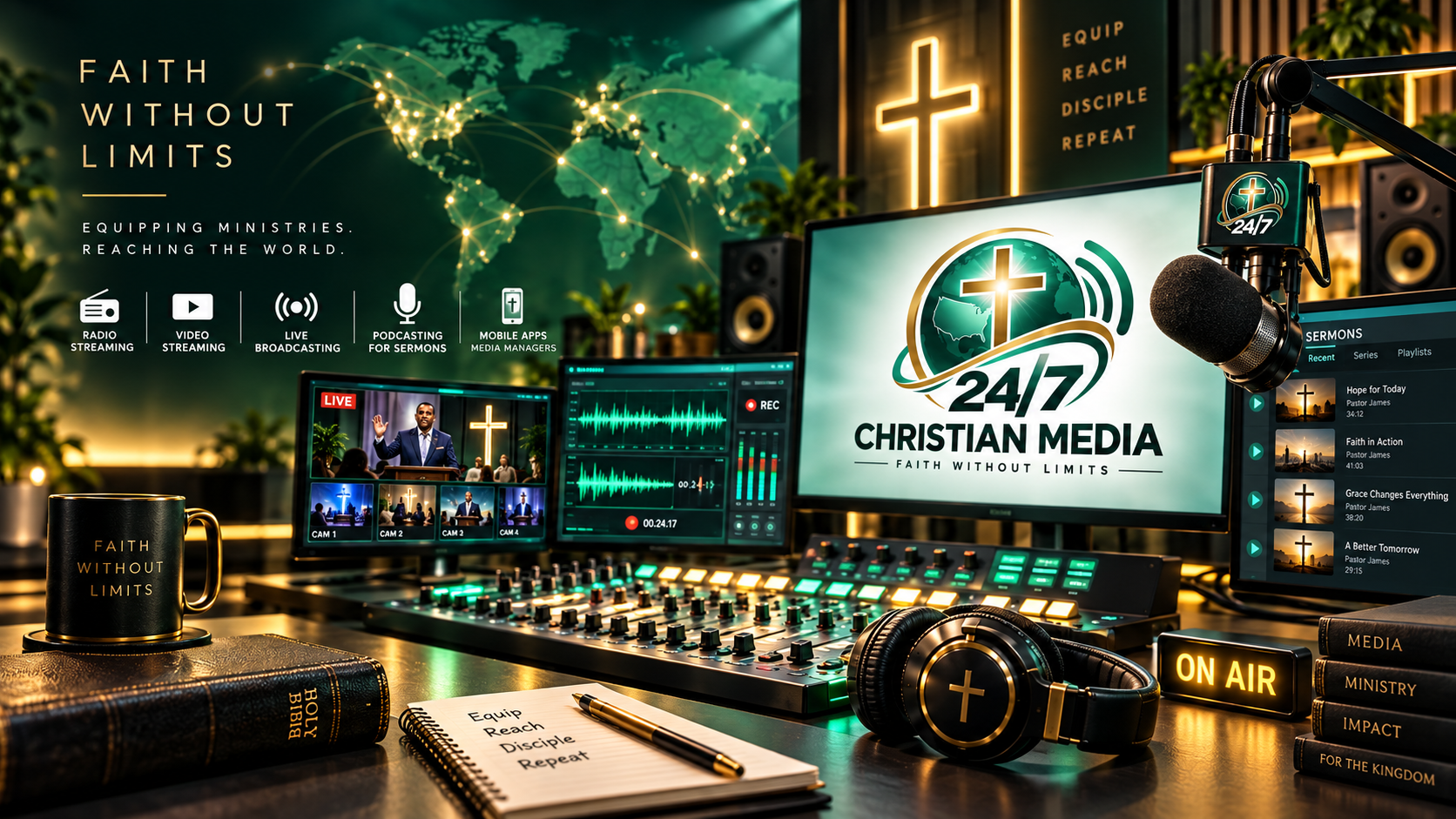 Connected Church Studio for live media, sermon recording and publishing.