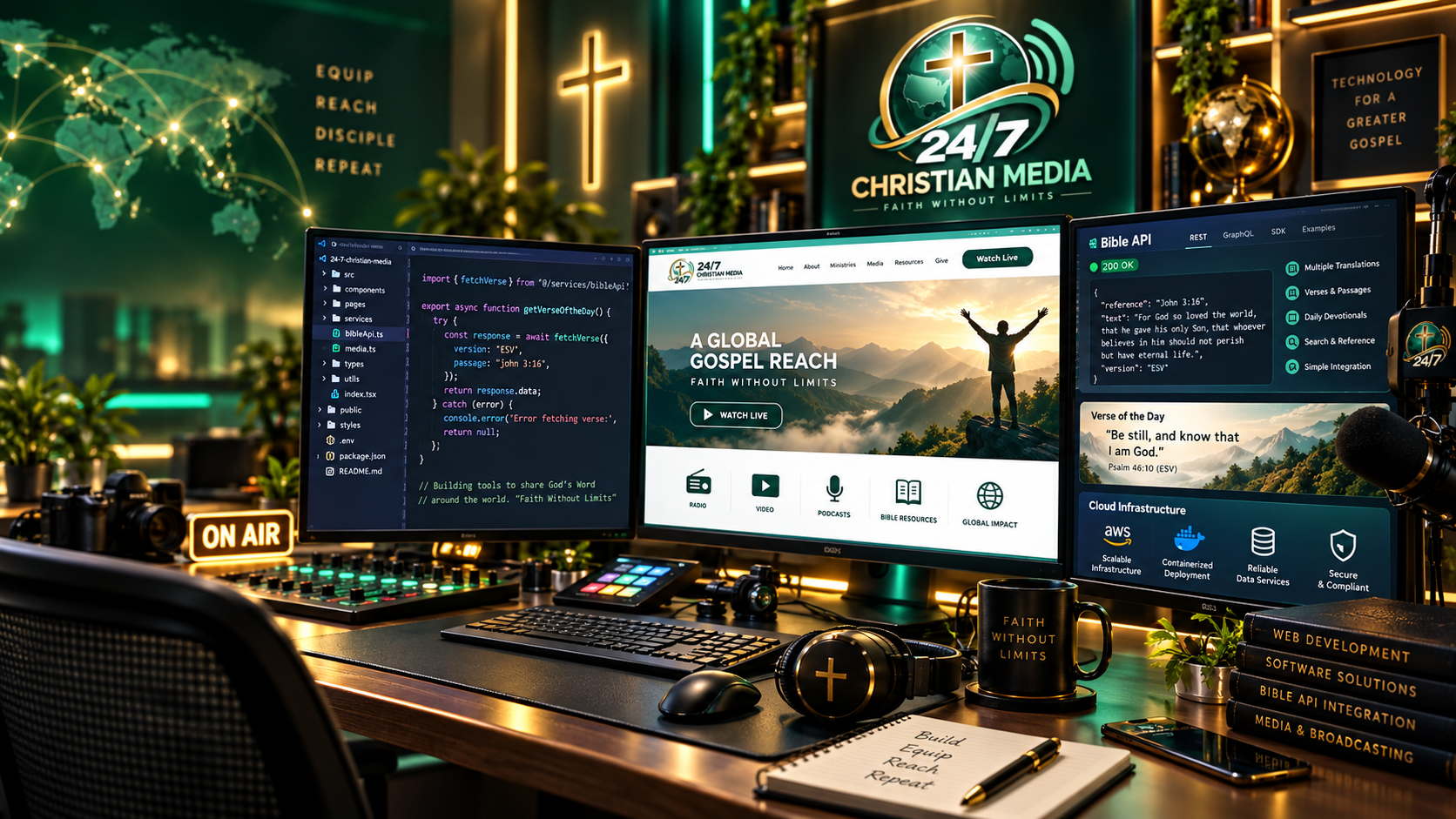 Christian media development workspace with Bible API, websites and cloud engineering.