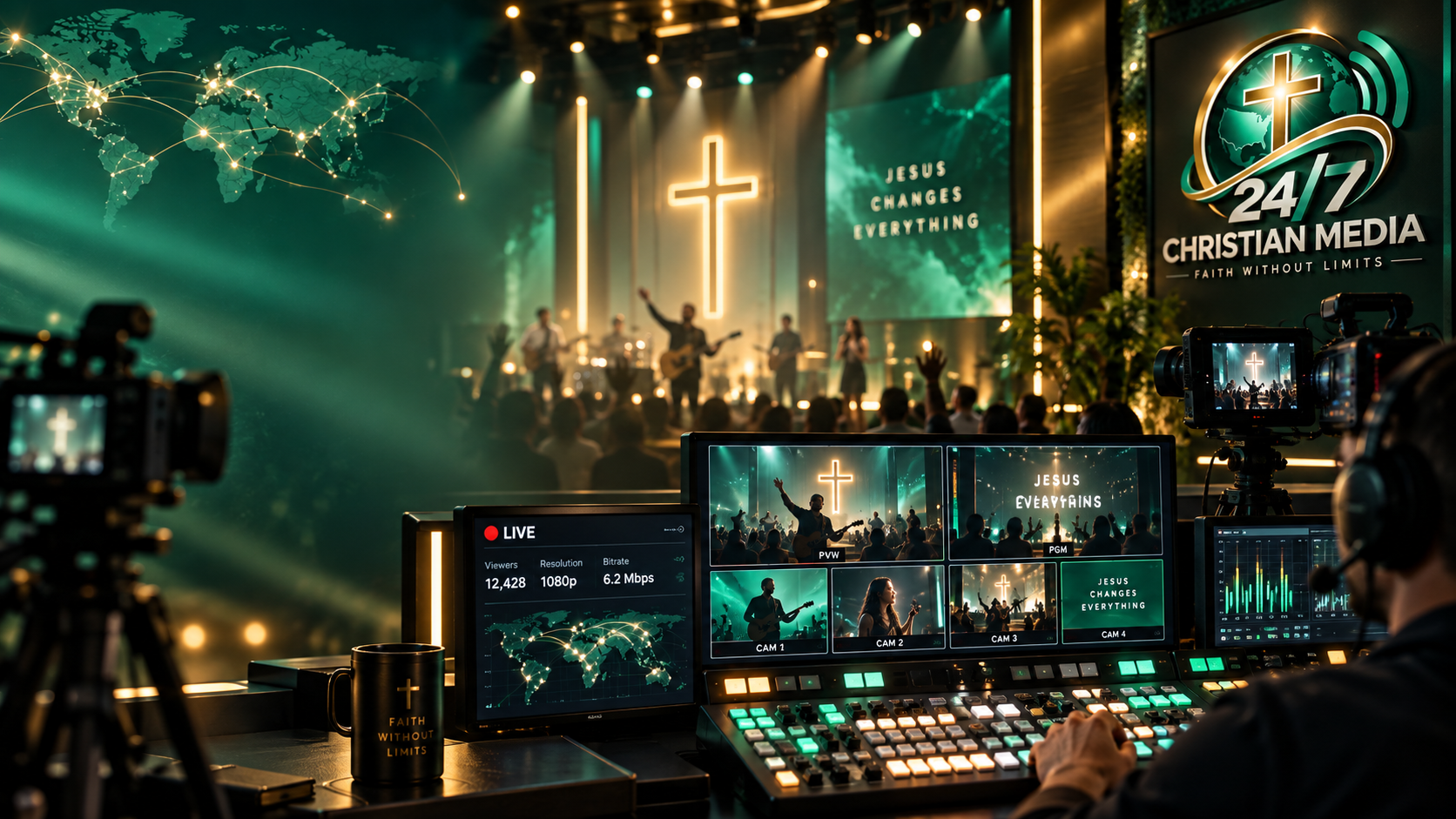 Live church worship production with professional video switching and worldwide streaming.