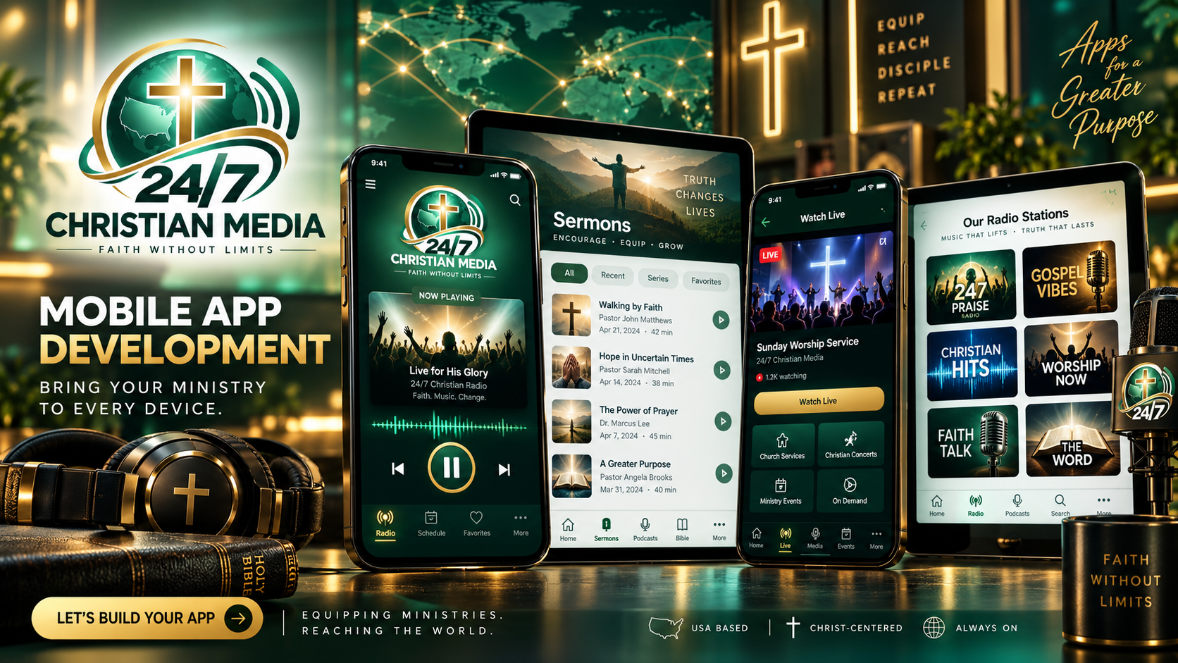 Christian radio and ministry mobile app development across multiple screens.