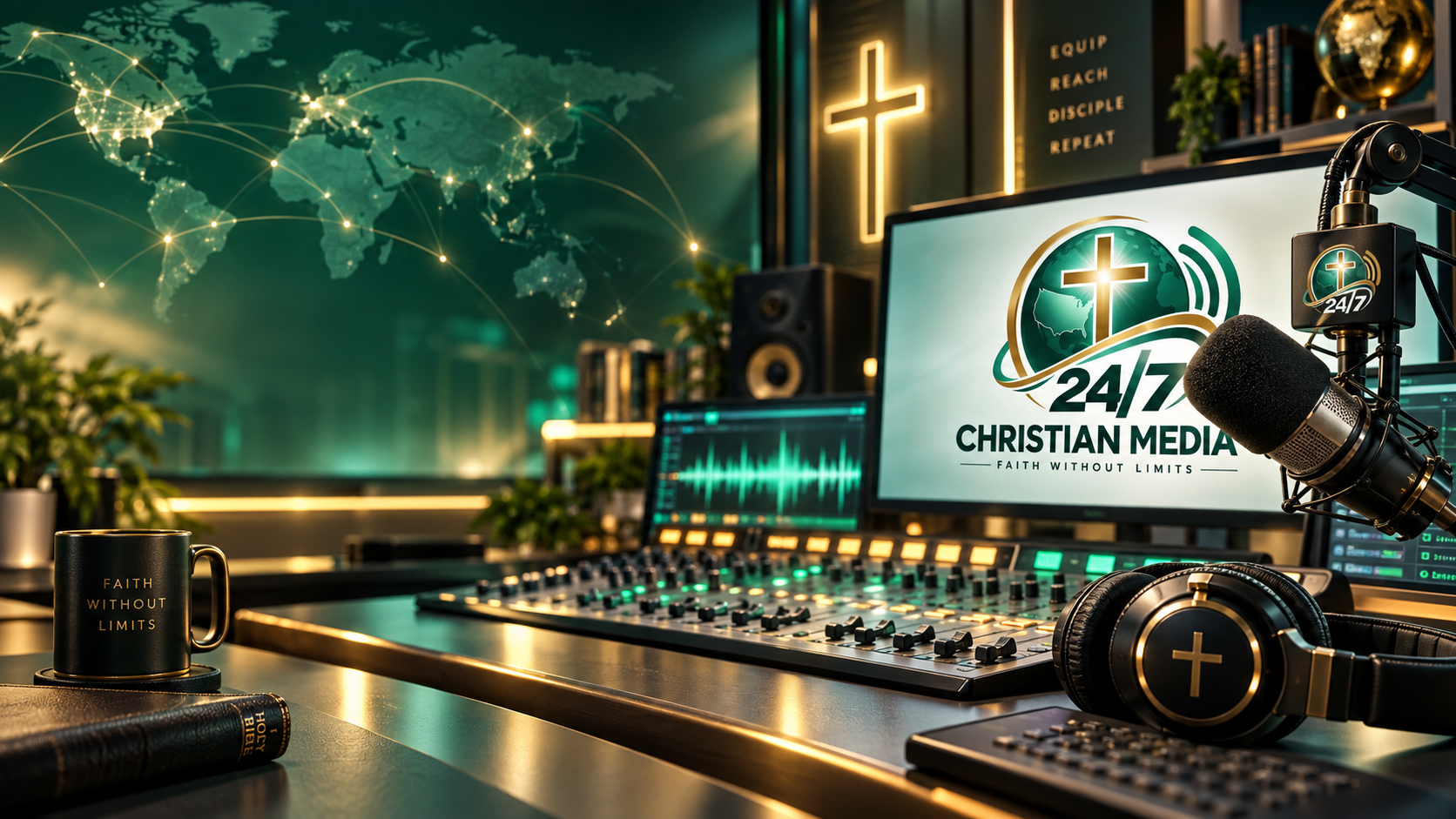 Professional Christian radio streaming studio and global audio distribution.