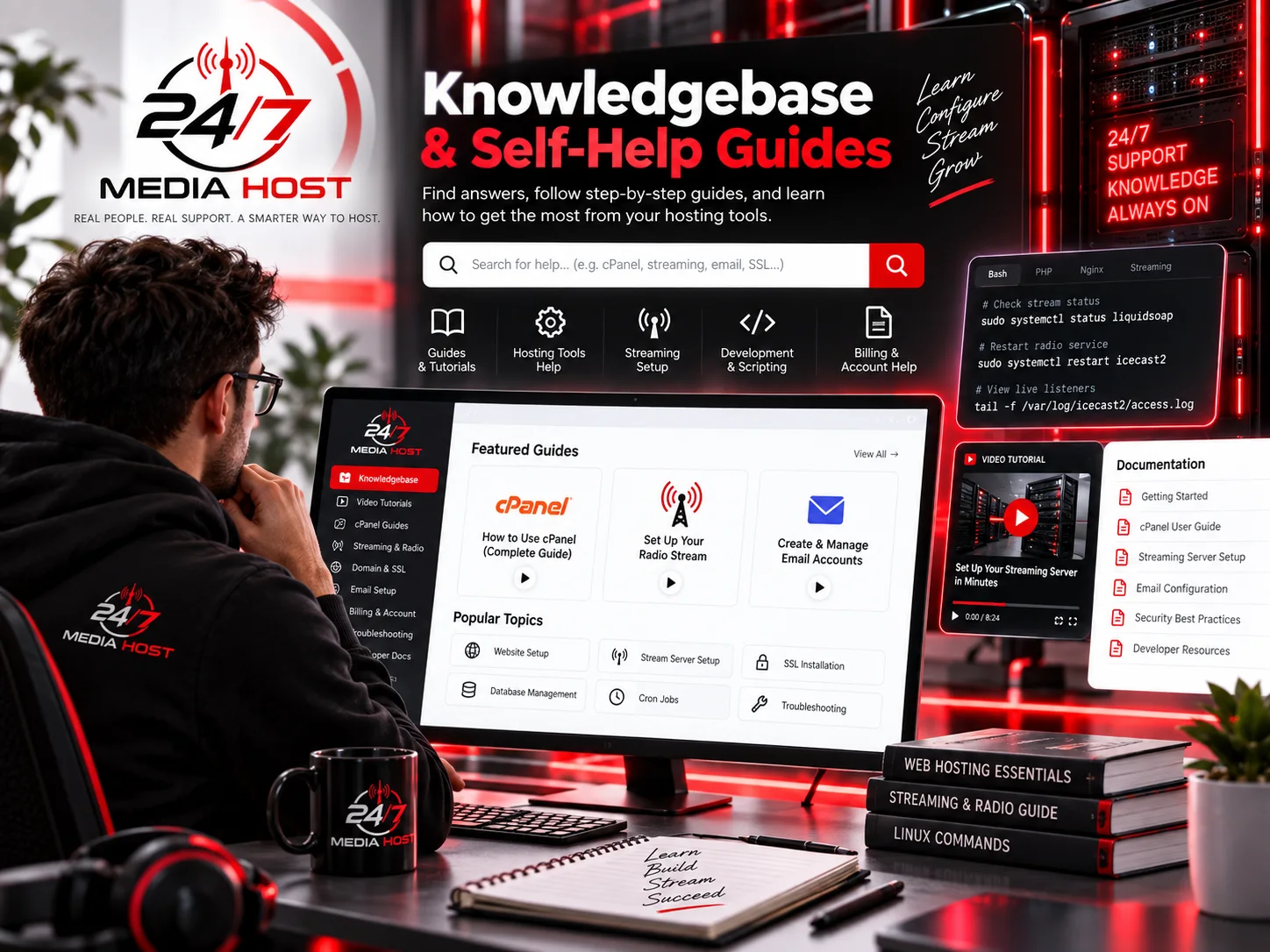 Straightforward self-help for hosting, streaming and server management.
